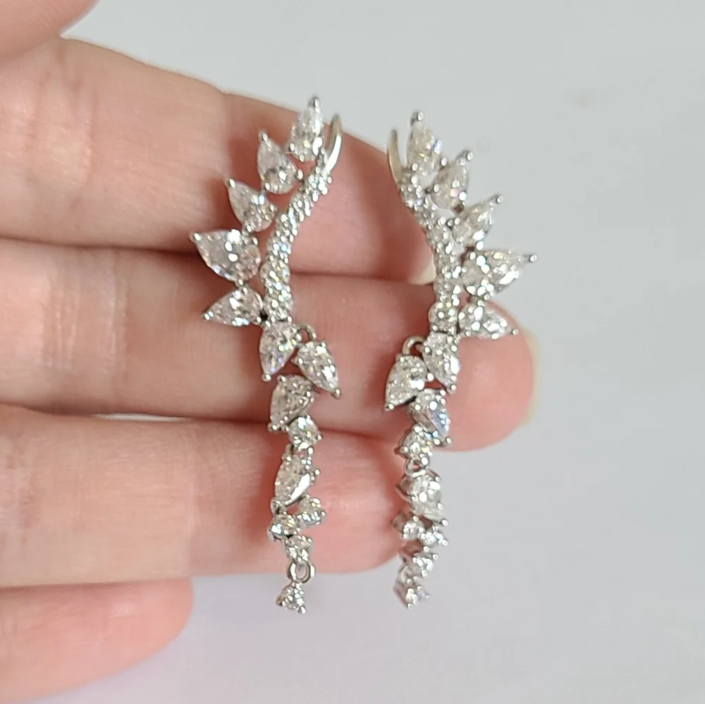 Sterling Silver Crystal Leaf Half Ear Drop Dangle Evening Cocktail Earrings - Picture 5 of 11